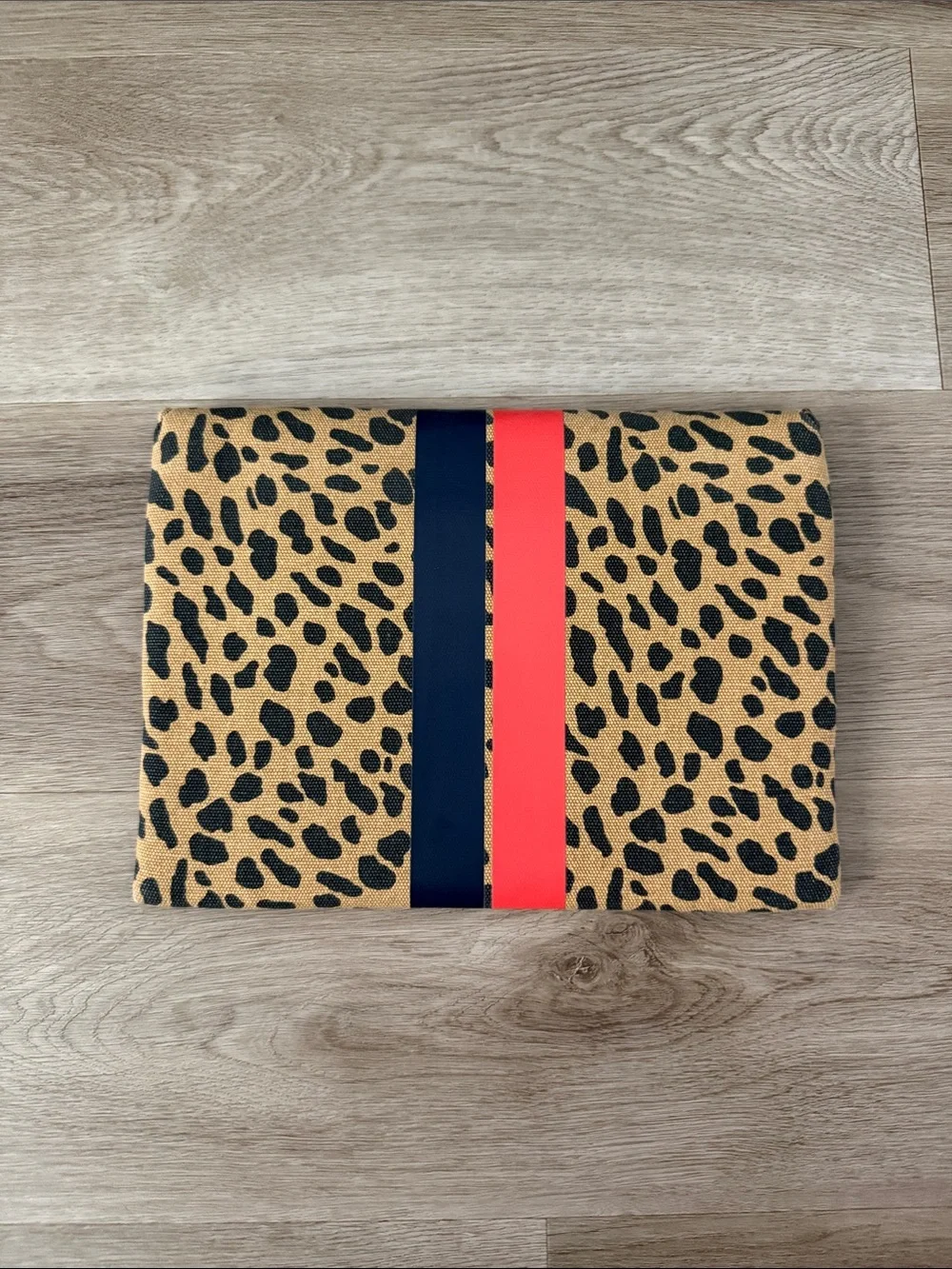 Leopard Print Clutch with Red and Navy Stripe